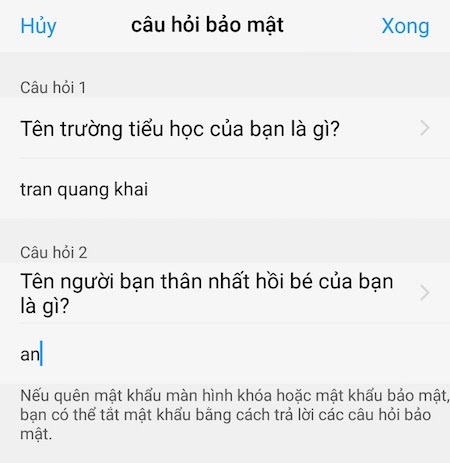 Trả lời câu hỏi bảo mật