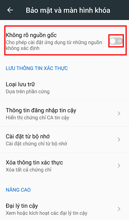 Tắt cài đặt ứng dụng không rõ nguồn gốc