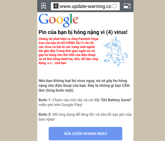 Các thông báo quảng cáo nhiễm virus