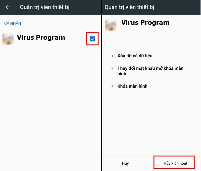 Hủy quyền quản trị ứng dụng độc hại