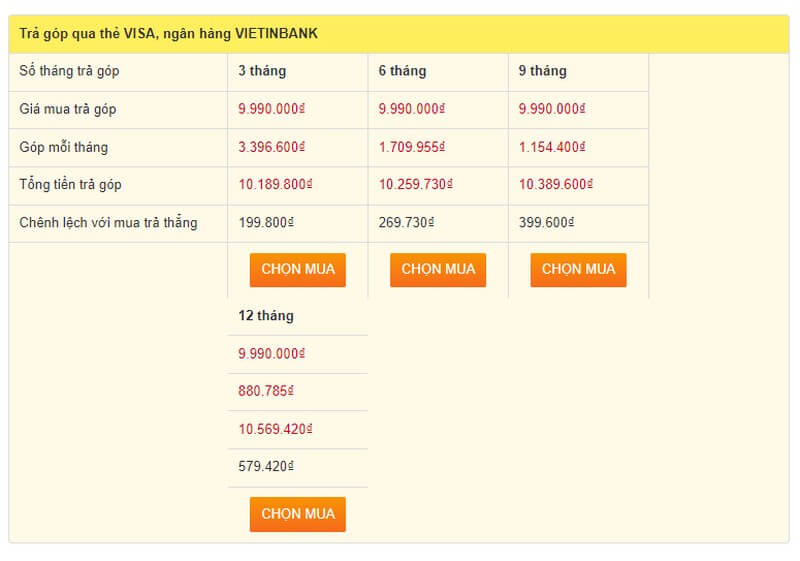 Tham khảo số tiền trả góp