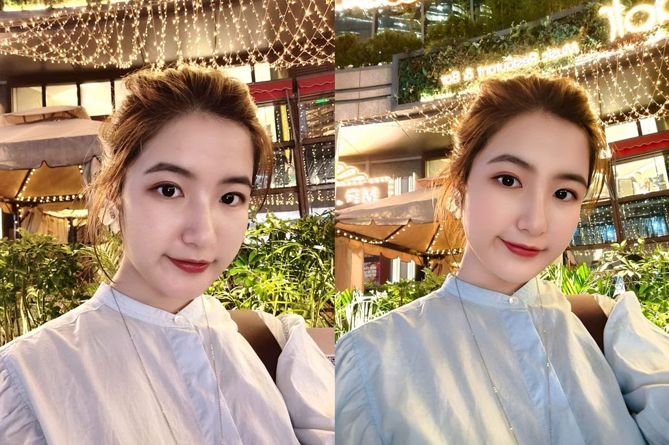 Selfie thường (bên trái) và selfie cùng Vòng Bù Sáng Thông Minh trên vivo (bên phải)