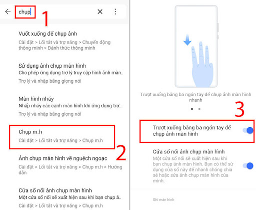 Cách kích hoạt chế độ chụp màn hình bằng cách vuốt ba ngón tay 